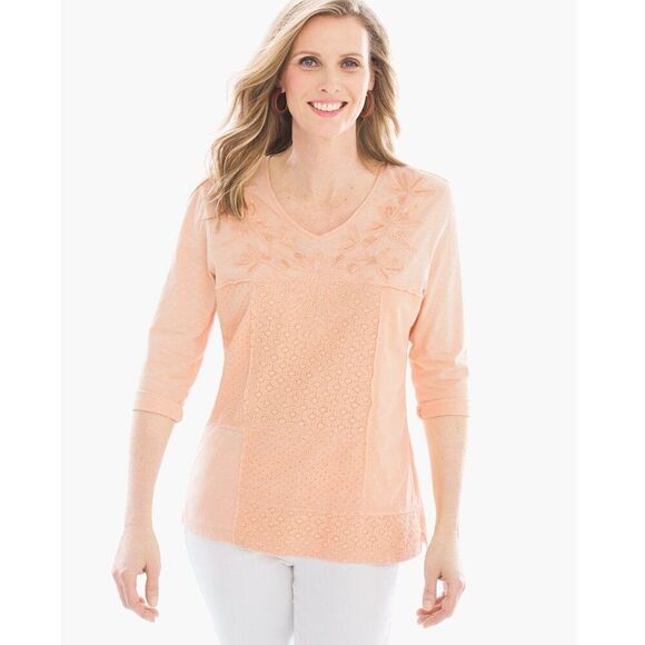 Chico's Slub Tee Size 1 (8) Medium Embroidered Lace Orange - Picture 1 of 13